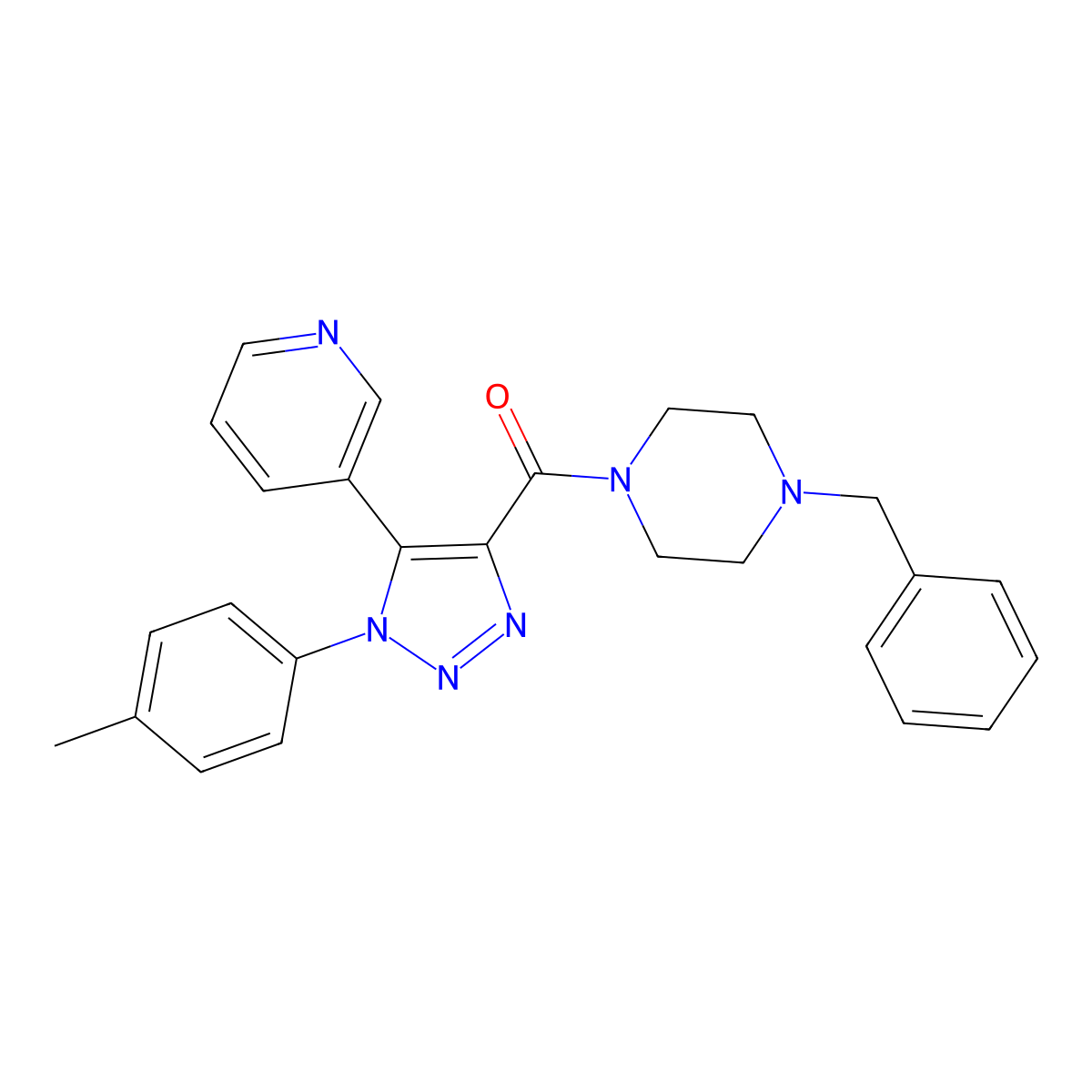 (4-benzylpiperazin-1-yl)(5-(pyridin-3-yl)-1-(p-tolyl)-1H-1,2,3-triazol-4-yl)methanone molecular structure, CAS 1207027-33-5