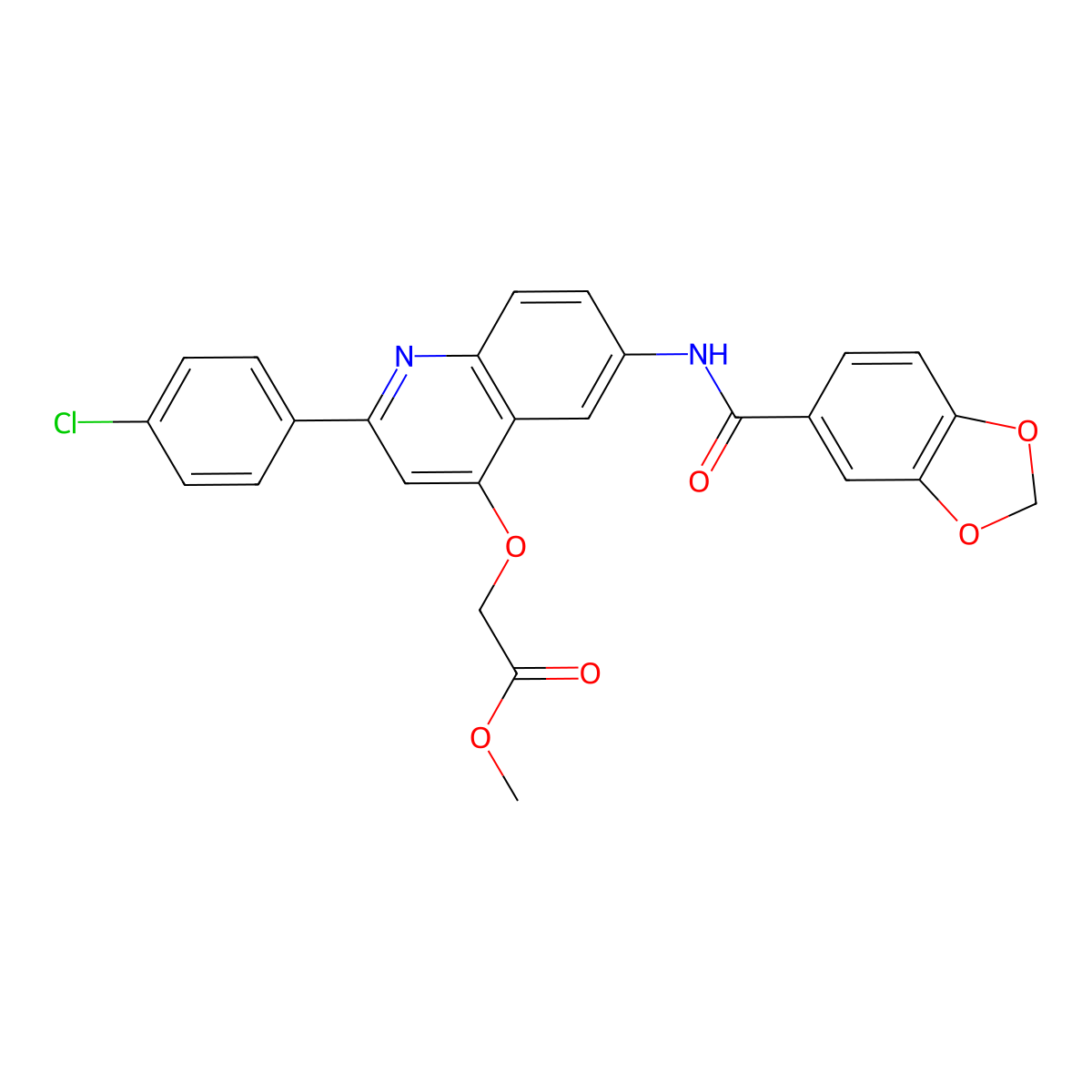 Methyl 2-((6-(benzo[d][1,3]dioxole-5-carboxamido)-2-(4-chlorophenyl)quinolin-4-yl)oxy)acetate molecular structure, CAS 1207027-42-6