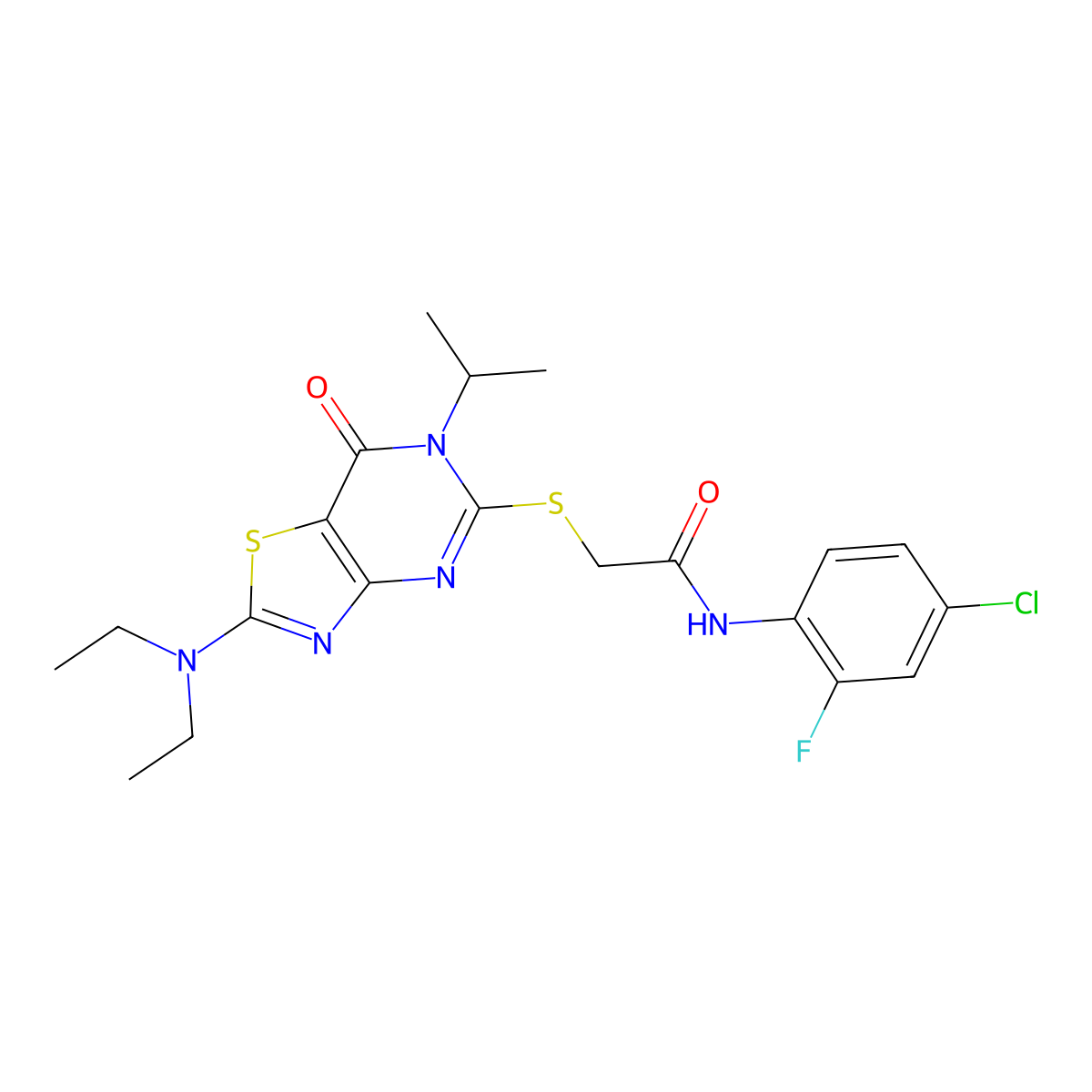 N~1~-(4-chloro-2-fluorophenyl)-2-{[2-(diethylamino)-6-isopropyl-7-oxo-6,7-dihydro[1,3]thiazolo[4,5-d]pyrimidin-5-yl]sulfanyl}acetamide molecular structure, CAS 1207027-47-1