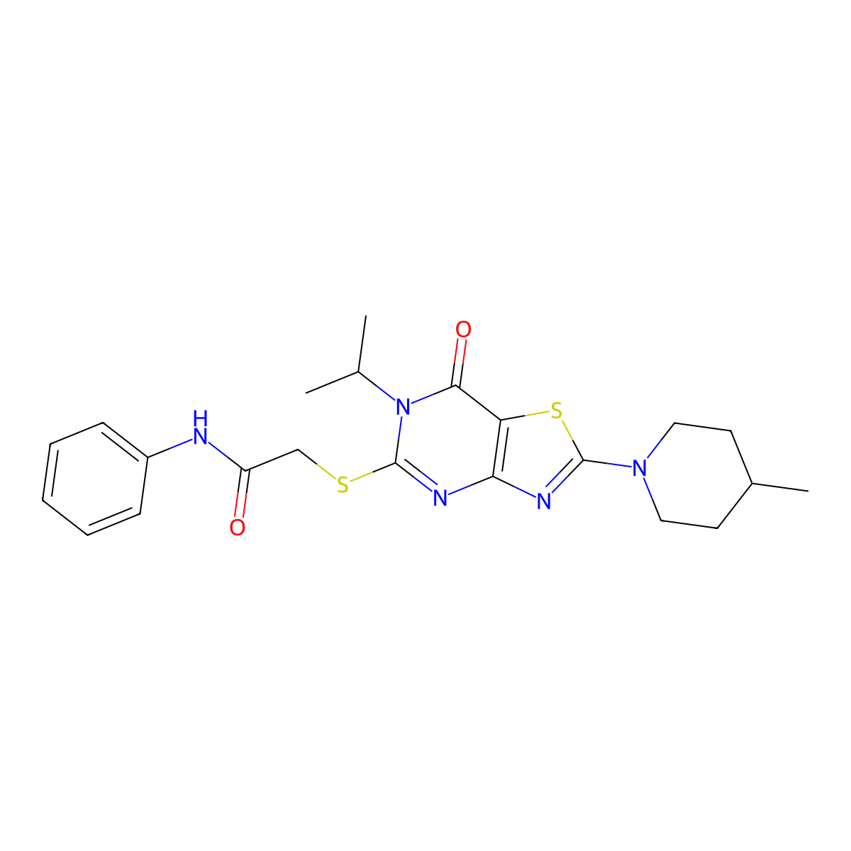 2-{[2-(4-methylpiperidin-1-yl)-7-oxo-6-(propan-2-yl)-6H,7H-[1,3]thiazolo[4,5-d]pyrimidin-5-yl]sulfanyl}-N-phenylacetamide molecular structure, CAS 1207027-51-7