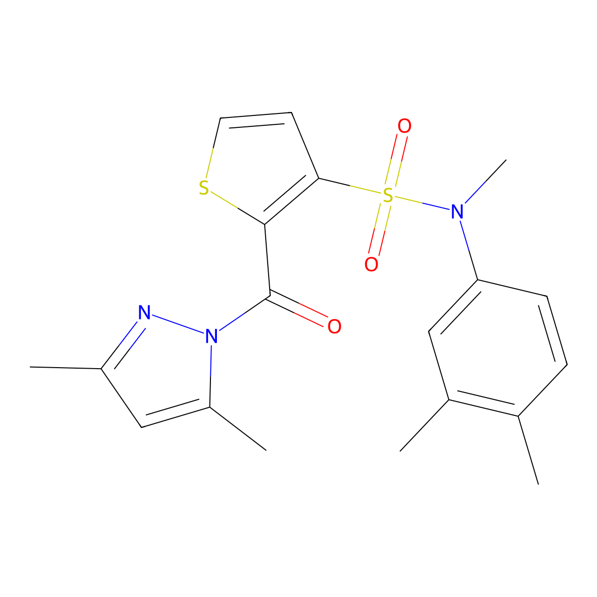 2-(3,5-dimethyl-1H-pyrazole-1-carbonyl)-N-(3,4-dimethylphenyl)-N-methylthiophene-3-sulfonamide molecular structure, CAS 1207027-52-8