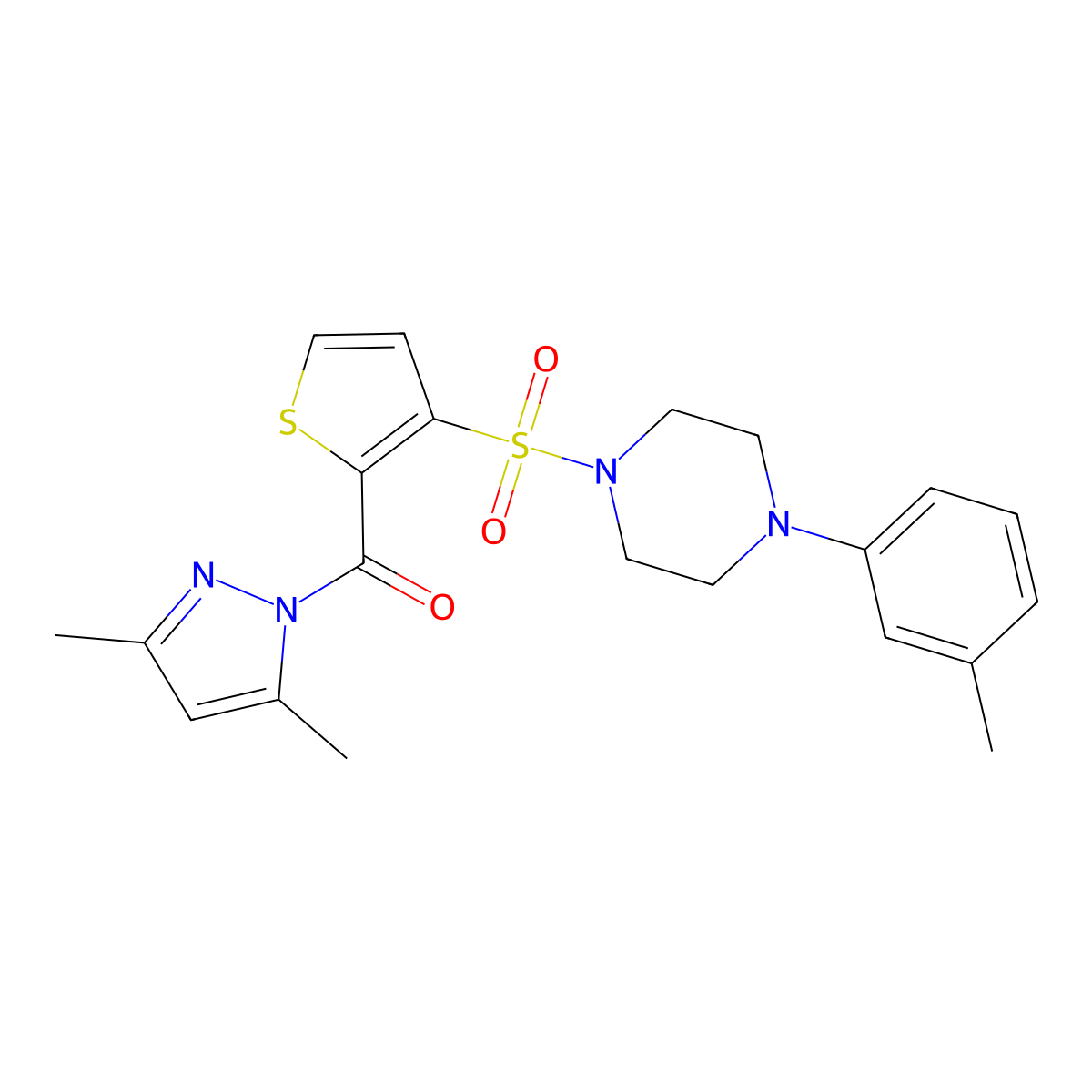 1-{[2-(3,5-dimethyl-1H-pyrazole-1-carbonyl)thiophen-3-yl]sulfonyl}-4-(3-methylphenyl)piperazine molecular structure, CAS 1207027-56-2