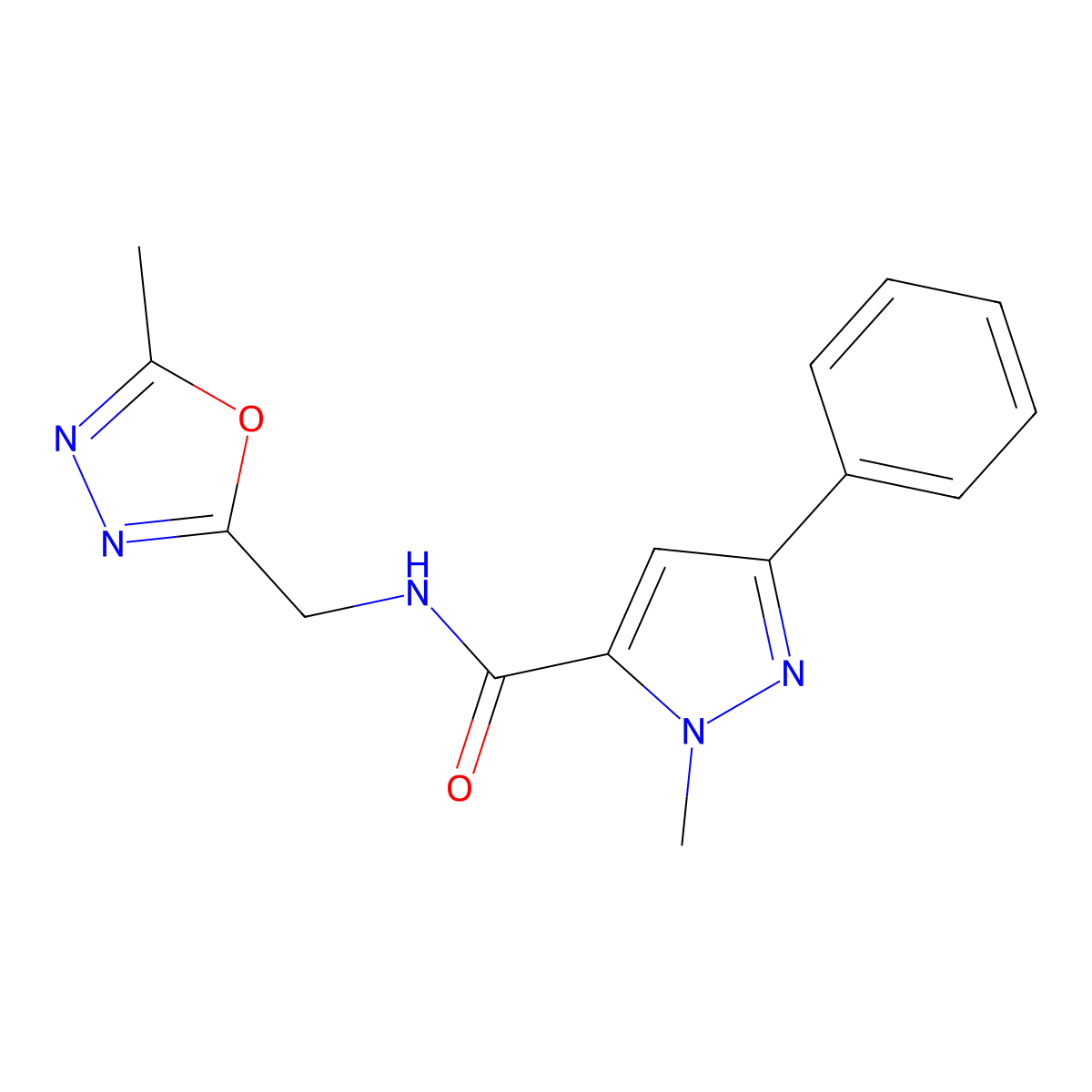 1-methyl-N-[(5-methyl-1,3,4-oxadiazol-2-yl)methyl]-3-phenyl-1H-pyrazole-5-carboxamide molecular structure, CAS 1207027-68-6