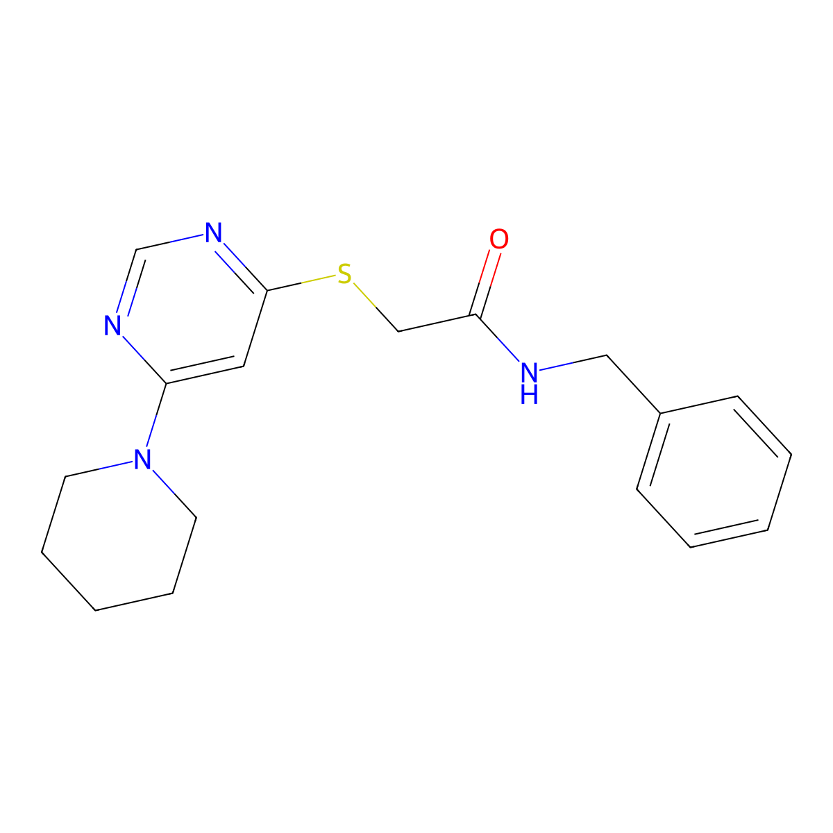 N-benzyl-2-((6-(piperidin-1-yl)pyrimidin-4-yl)thio)acetamide molecular structure, CAS 1207027-69-7