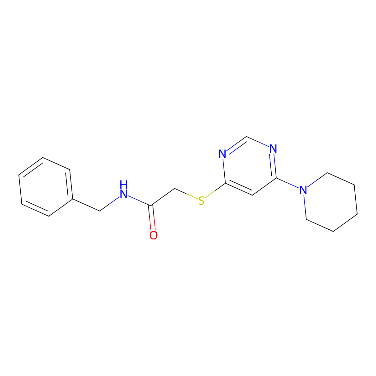 N-benzyl-2-((6-(piperidin-1-yl)pyrimidin-4-yl)thio)acetamide molecular structure, CAS 1207027-69-7