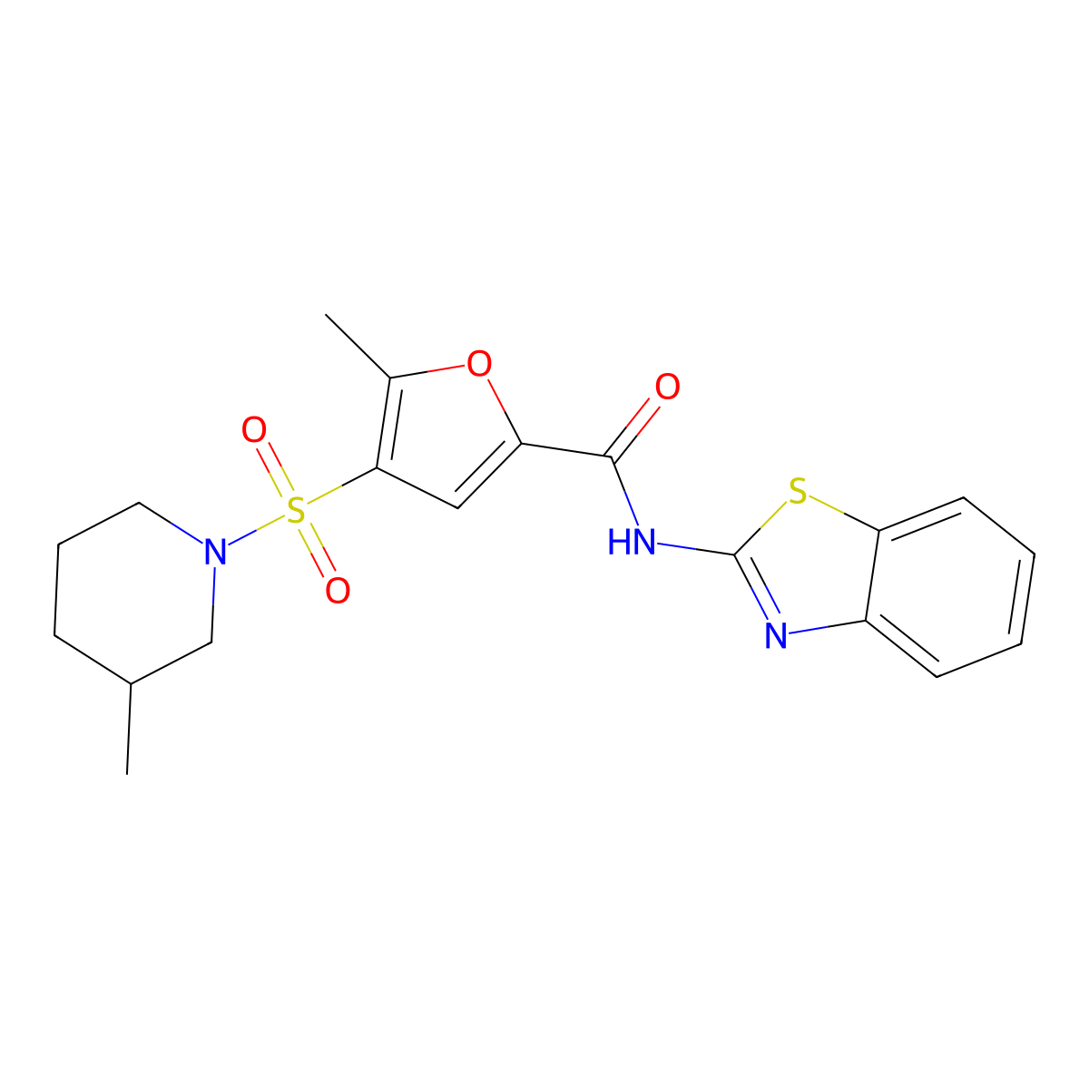 N-(benzo[d]thiazol-2-yl)-5-methyl-4-((3-methylpiperidin-1-yl)sulfonyl)furan-2-carboxamide molecular structure, CAS 1207027-84-6