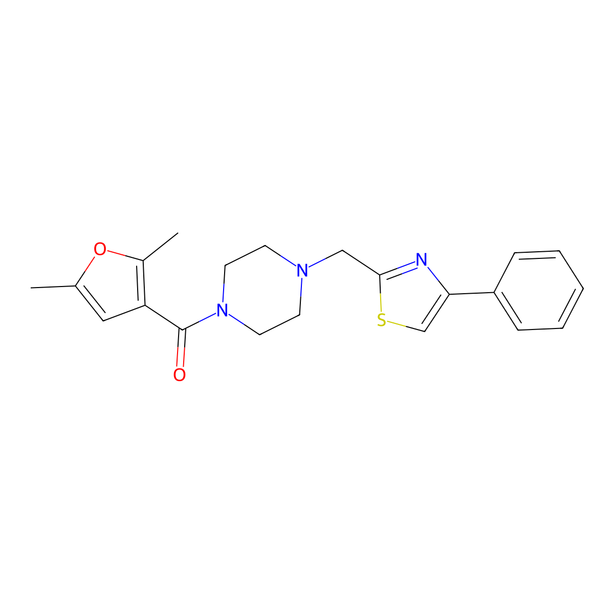 (2,5-Dimethylfuran-3-yl)(4-((4-phenylthiazol-2-yl)methyl)piperazin-1-yl)methanone molecular structure, CAS 1207028-06-5