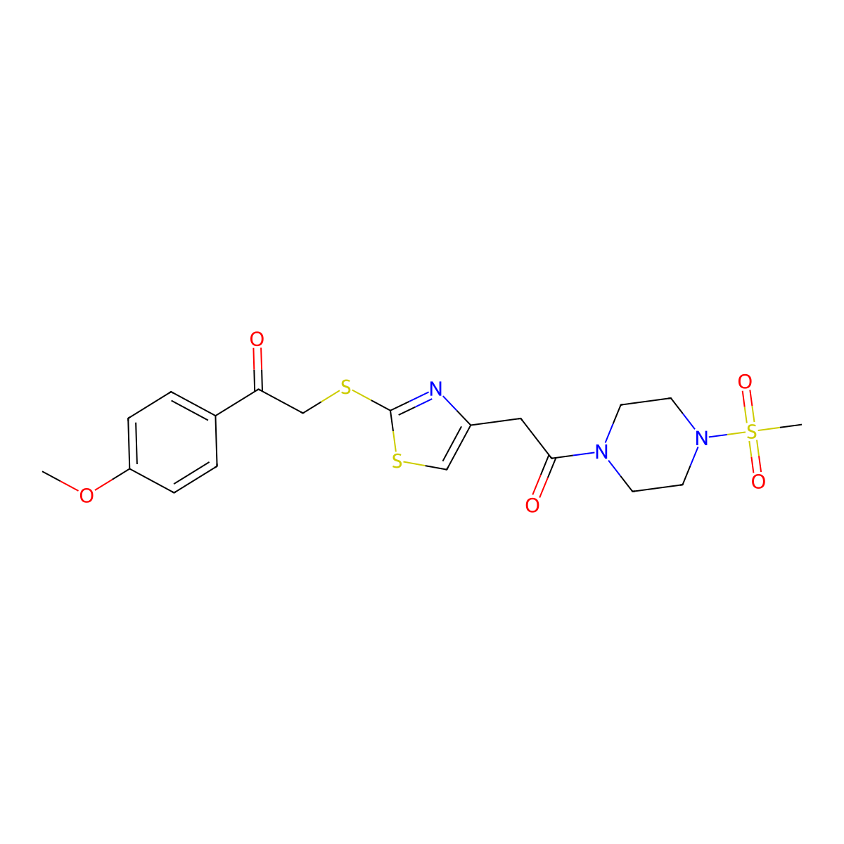 1-(4-Methoxyphenyl)-2-((4-(2-(4-(methylsulfonyl)piperazin-1-yl)-2-oxoethyl)thiazol-2-yl)thio)ethanone molecular structure, CAS 1207028-10-1