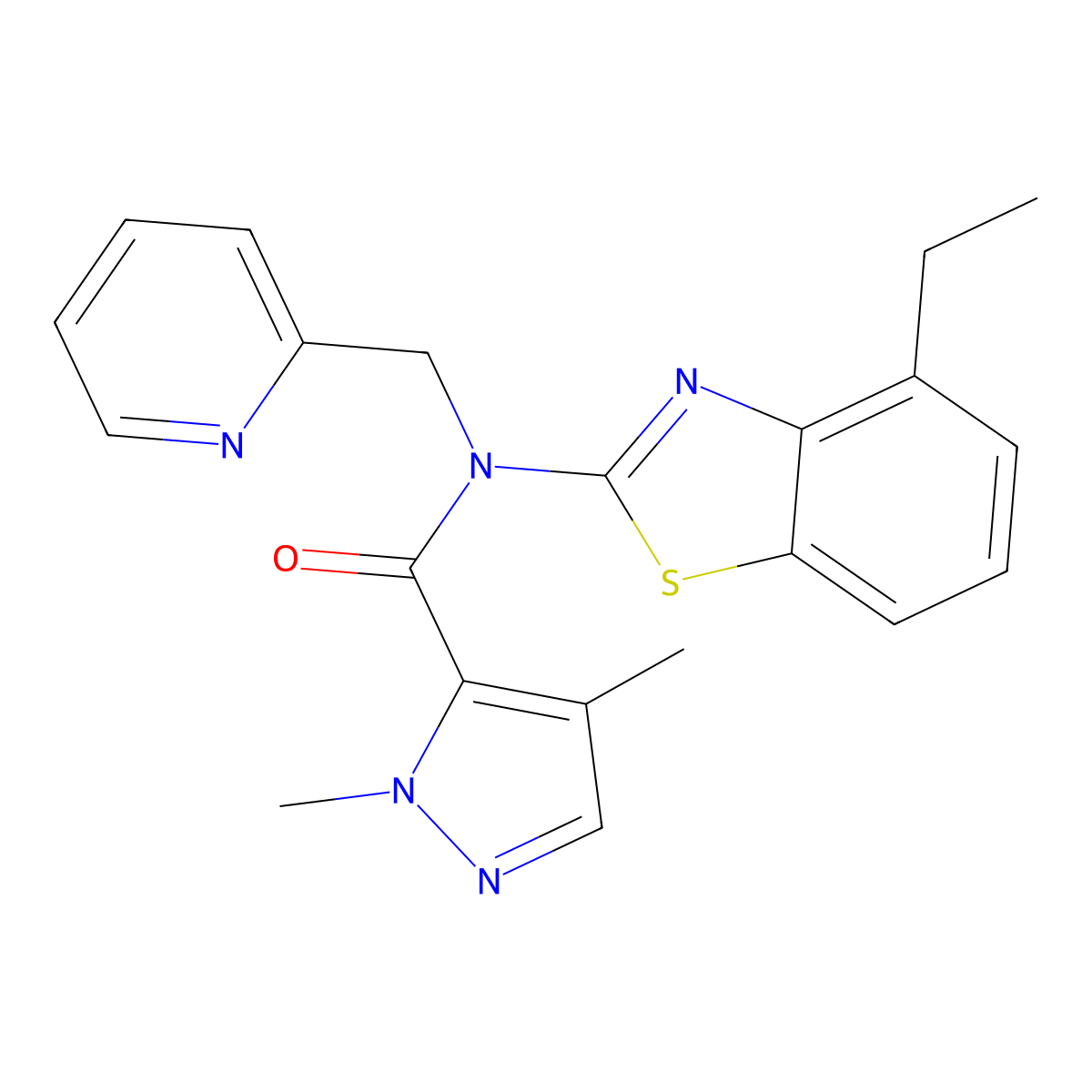 N-(4-ethylbenzo[d]thiazol-2-yl)-1,4-dimethyl-N-(pyridin-2-ylmethyl)-1H-pyrazole-5-carboxamide molecular structure, CAS 1207028-14-5