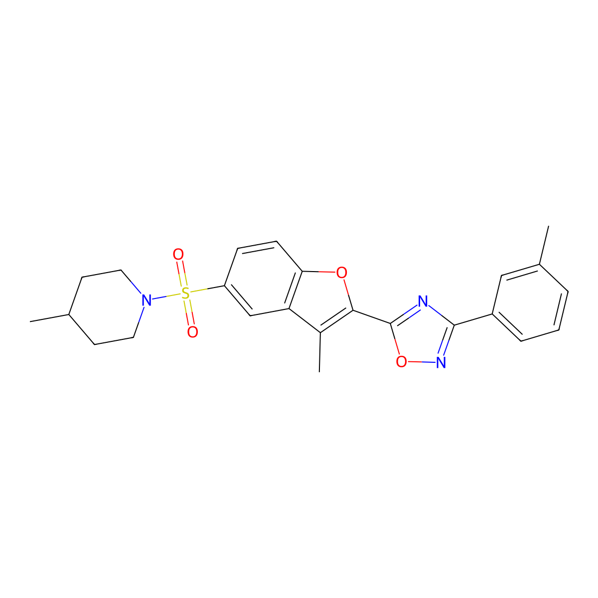 4-Methyl-1-({3-methyl-2-[3-(3-methylphenyl)-1,2,4-oxadiazol-5-yl]-1-benzofuran-5-yl}sulfonyl)piperidine molecular structure, CAS 1207028-15-6
