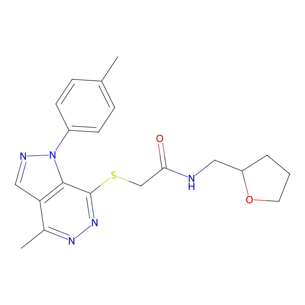 2-((4-methyl-1-(p-tolyl)-1H-pyrazolo[3,4-d]pyridazin-7-yl)thio)-N-((tetrahydrofuran-2-yl)methyl)acetamide molecular structure, CAS 1207028-21-4