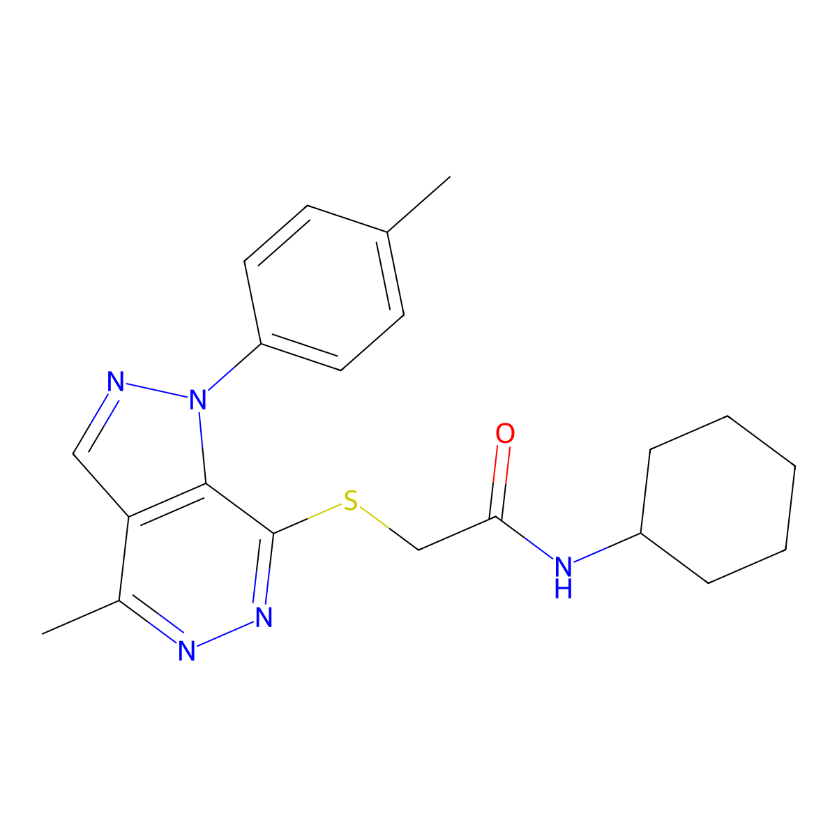 N-cyclohexyl-2-((4-methyl-1-(p-tolyl)-1H-pyrazolo[3,4-d]pyridazin-7-yl)thio)acetamide molecular structure, CAS 1207028-23-6