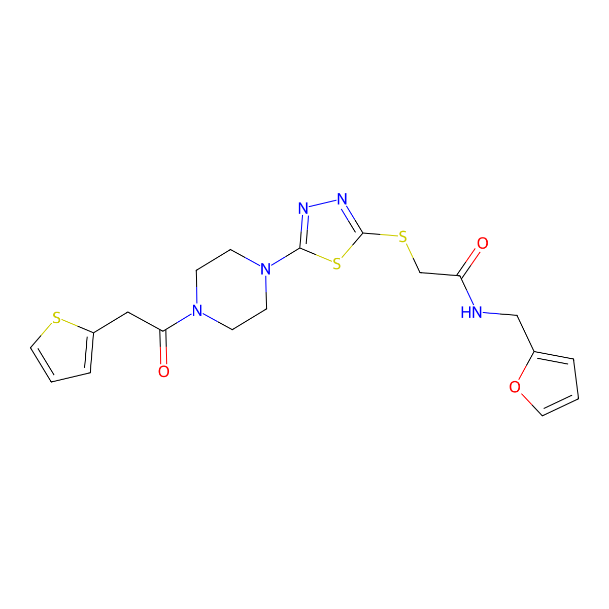 N-(furan-2-ylmethyl)-2-((5-(4-(2-(thiophen-2-yl)acetyl)piperazin-1-yl)-1,3,4-thiadiazol-2-yl)thio)acetamide molecular structure, CAS 1207028-29-2