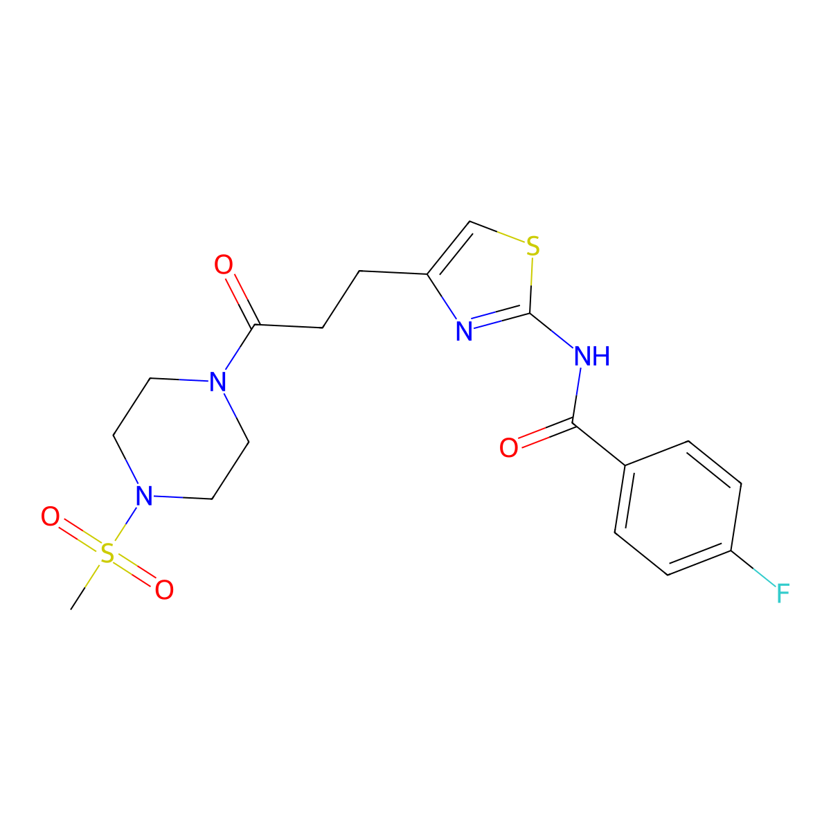 4-fluoro-N-(4-(3-(4-(methylsulfonyl)piperazin-1-yl)-3-oxopropyl)thiazol-2-yl)benzamide molecular structure, CAS 1207028-34-9