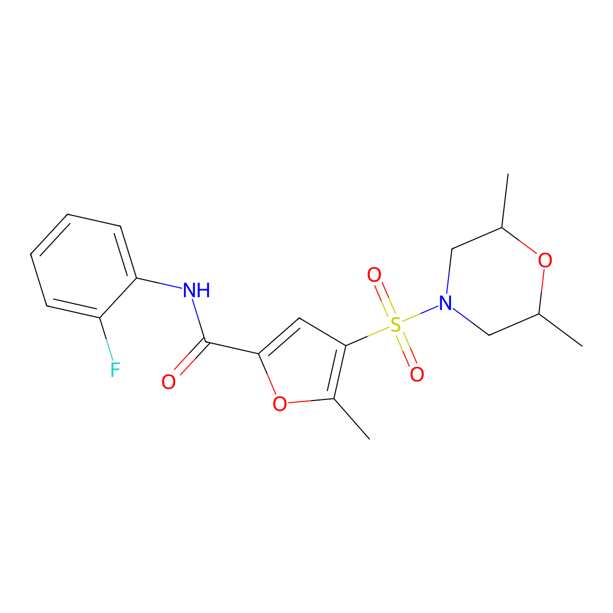 4-((2,6-dimethylmorpholino)sulfonyl)-N-(2-fluorophenyl)-5-methylfuran-2-carboxamide molecular structure, CAS 1207028-37-2