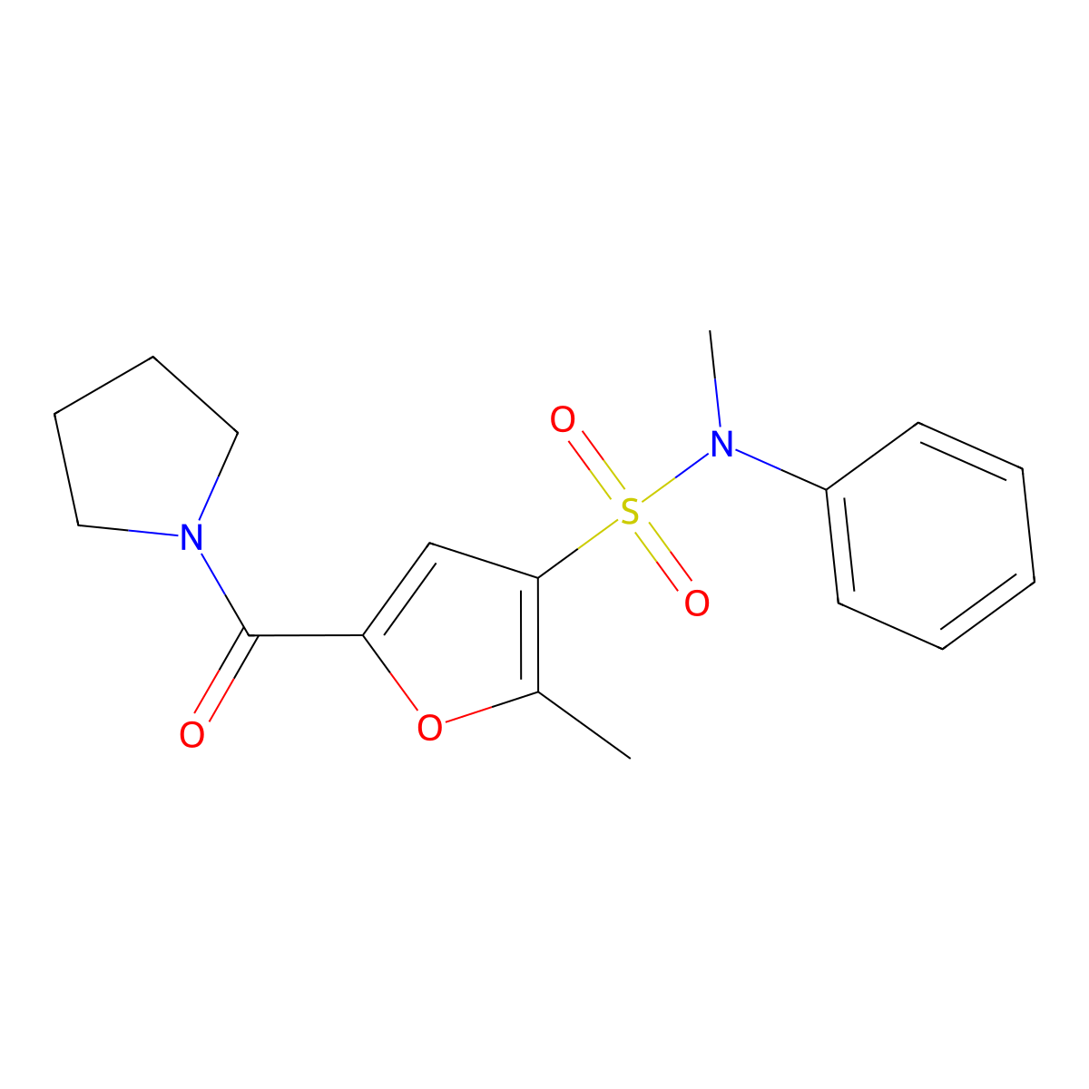 N,2-dimethyl-N-phenyl-5-(pyrrolidine-1-carbonyl)furan-3-sulfonamide molecular structure, CAS 1207028-40-7