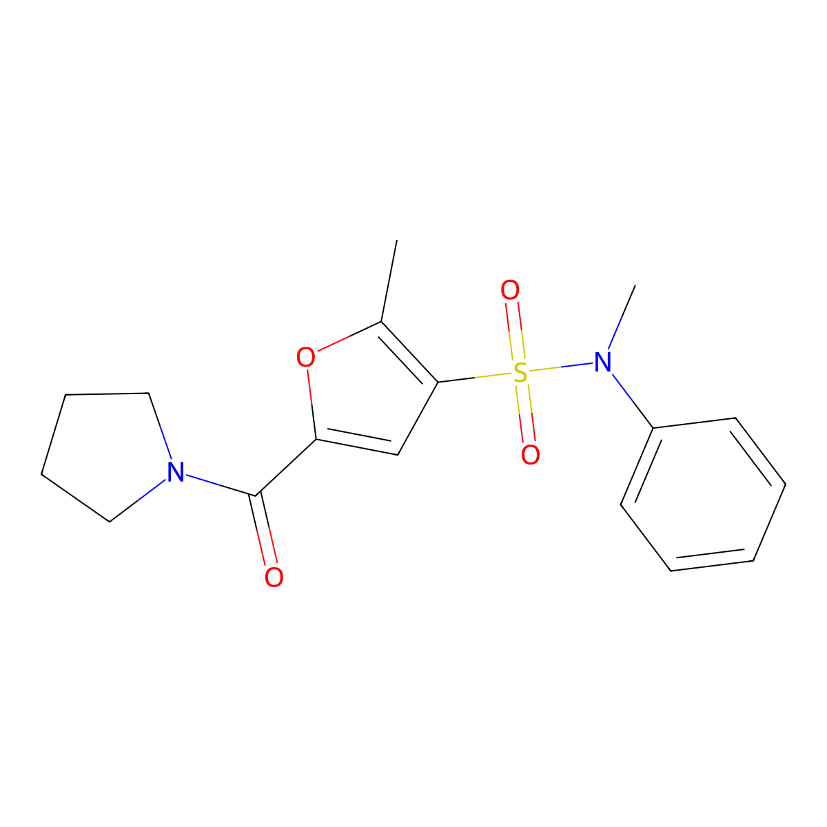 N,2-dimethyl-N-phenyl-5-(pyrrolidine-1-carbonyl)furan-3-sulfonamide molecular structure, CAS 1207028-40-7
