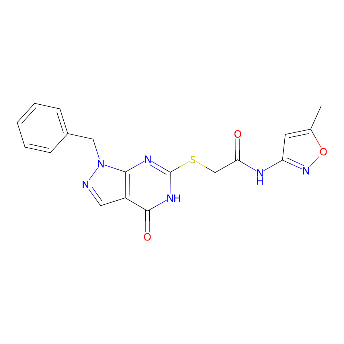 2-((1-benzyl-4-oxo-4,5-dihydro-1H-pyrazolo[3,4-d]pyrimidin-6-yl)thio)-N-(5-methylisoxazol-3-yl)acetamide molecular structure, CAS 1207028-64-5