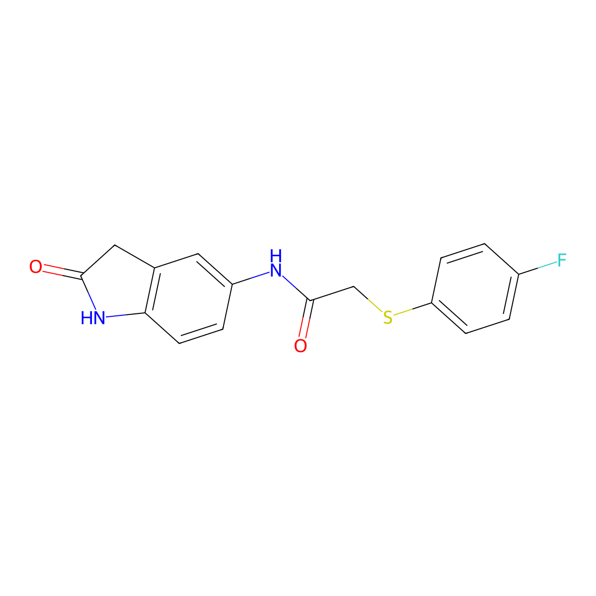 2-((4-fluorophenyl)thio)-N-(2-oxoindolin-5-yl)acetamide molecular structure, CAS 1207028-87-2