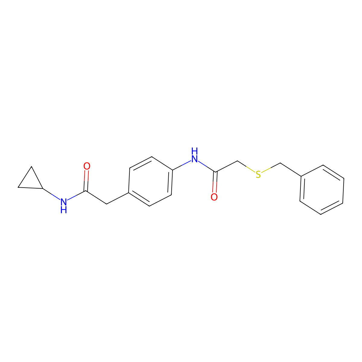 2-(benzylthio)-N-(4-(2-(cyclopropylamino)-2-oxoethyl)phenyl)acetamide molecular structure, CAS 1207028-88-3