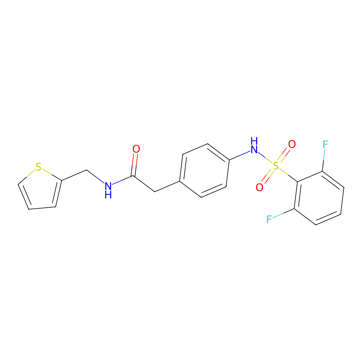 2-(4-(2,6-difluorophenylsulfonamido)phenyl)-N-(thiophen-2-ylmethyl)acetamide molecular structure, CAS 1207028-95-2