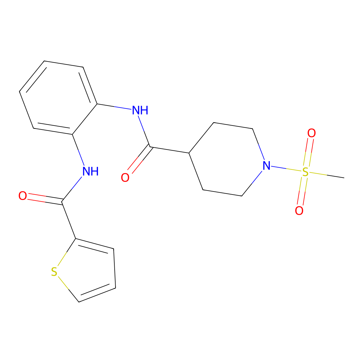 1-(methylsulfonyl)-N-(2-(thiophene-2-carboxamido)phenyl)piperidine-4-carboxamide molecular structure, CAS 1207029-07-9