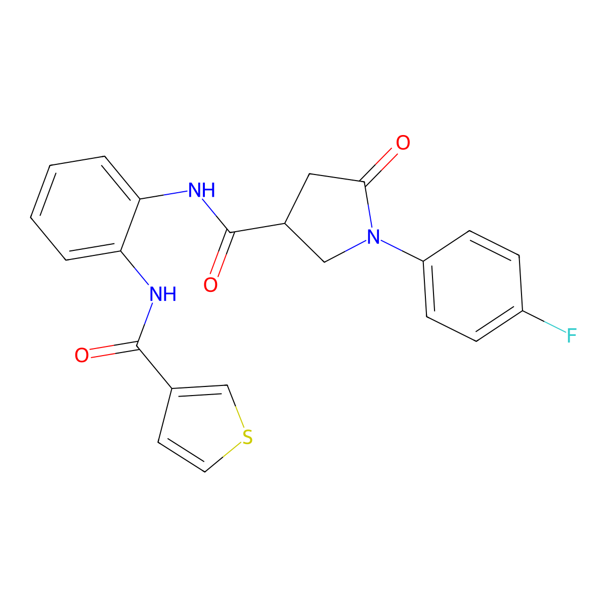 1-(4-fluorophenyl)-5-oxo-N-(2-(thiophene-3-carboxamido)phenyl)pyrrolidine-3-carboxamide molecular structure, CAS 1207029-08-0