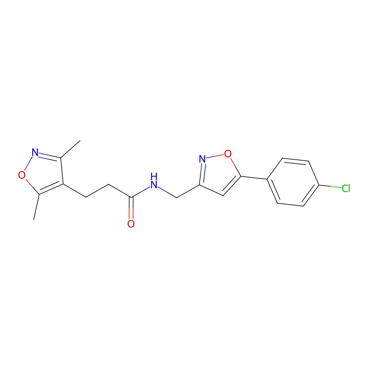 N-((5-(4-chlorophenyl)isoxazol-3-yl)methyl)-3-(3,5-dimethylisoxazol-4-yl)propanamide molecular structure, CAS 1207029-22-8