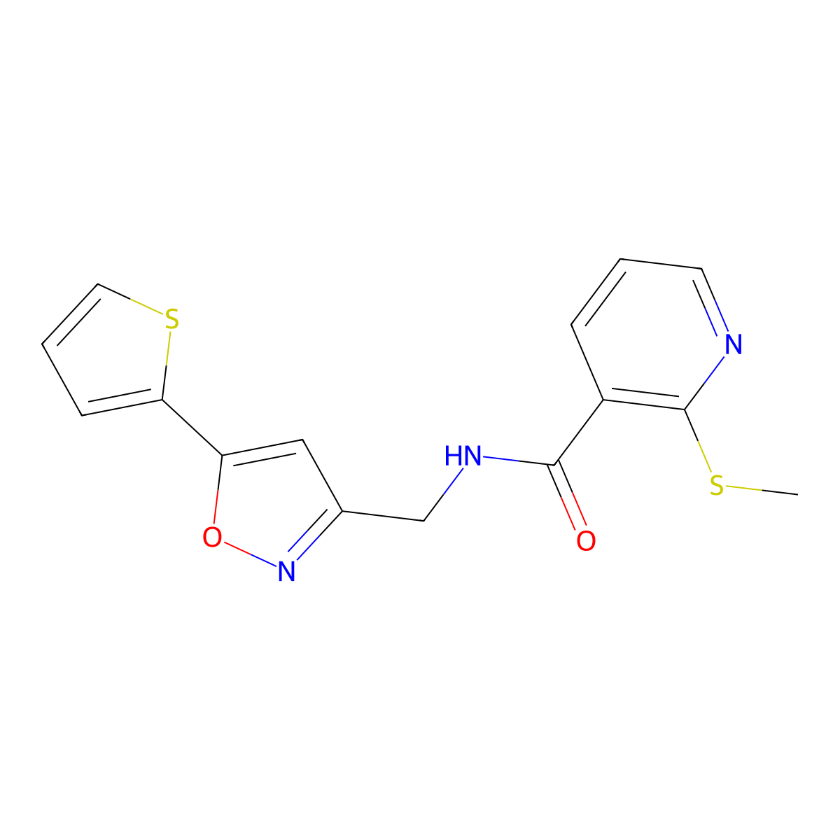 2-(methylthio)-N-((5-(thiophen-2-yl)isoxazol-3-yl)methyl)nicotinamide molecular structure, CAS 1207029-26-2