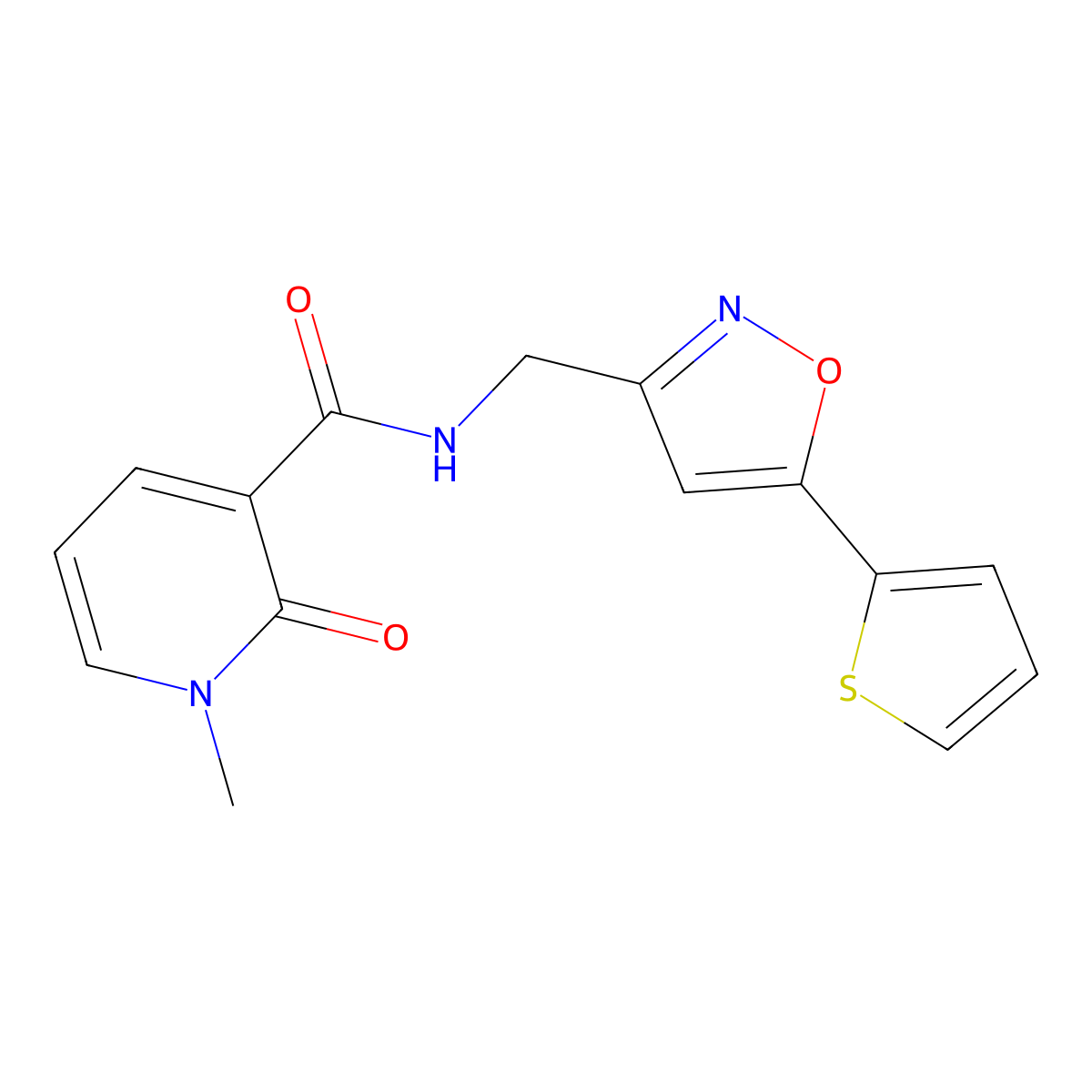 1-methyl-2-oxo-N-((5-(thiophen-2-yl)isoxazol-3-yl)methyl)-1,2-dihydropyridine-3-carboxamide molecular structure, CAS 1207029-30-8