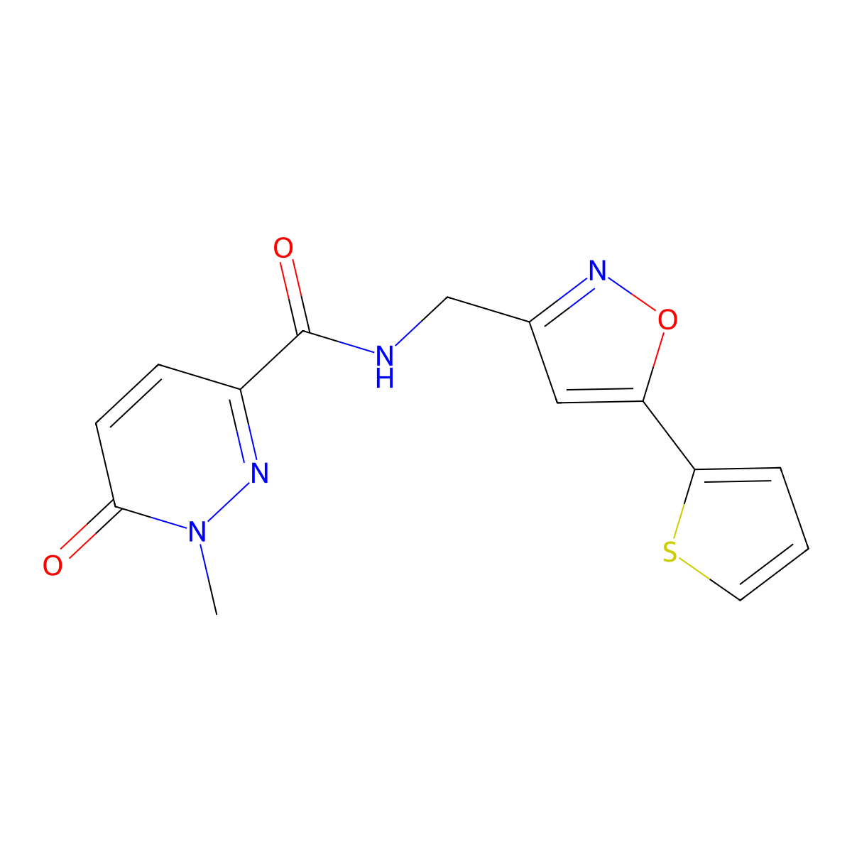 1-methyl-6-oxo-N-((5-(thiophen-2-yl)isoxazol-3-yl)methyl)-1,6-dihydropyridazine-3-carboxamide molecular structure, CAS 1207029-33-1