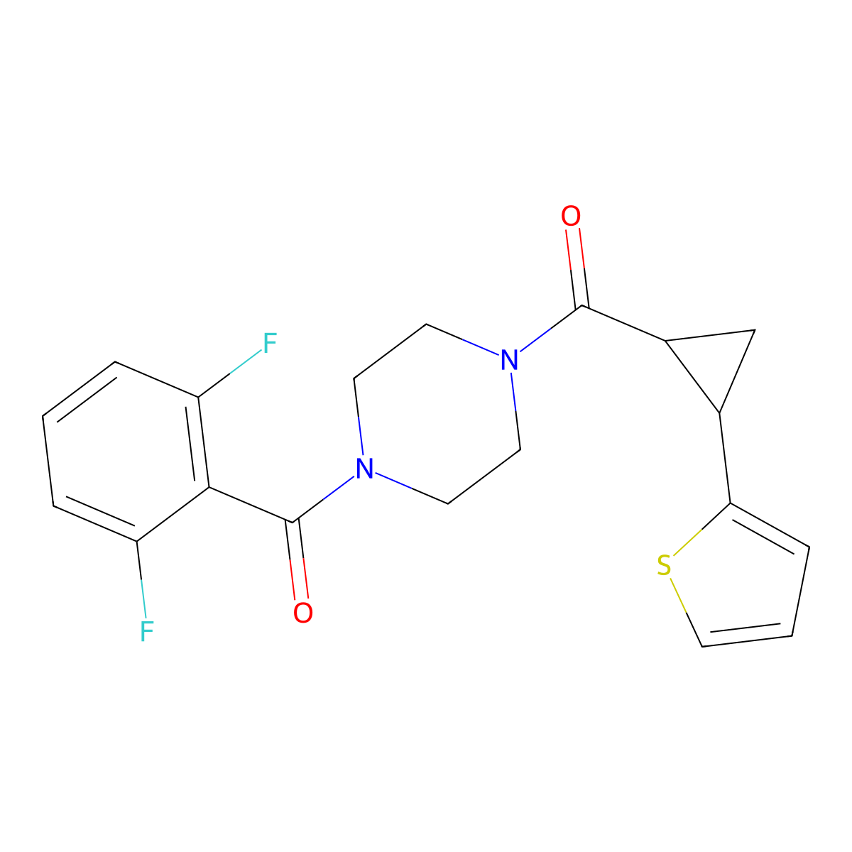 (4-(2,6-Difluorobenzoyl)piperazin-1-yl)(2-(thiophen-2-yl)cyclopropyl)methanone molecular structure, CAS 1207029-42-2