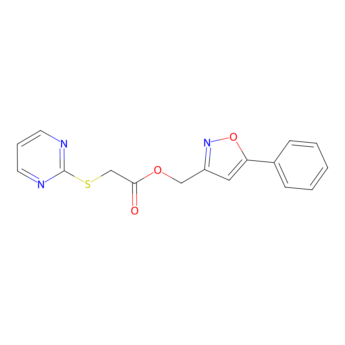 (5-Phenylisoxazol-3-yl)methyl 2-(pyrimidin-2-ylthio)acetate molecular structure, CAS 1207029-46-6