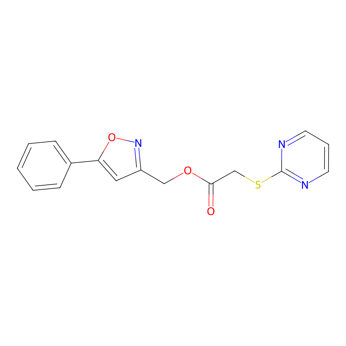 (5-Phenylisoxazol-3-yl)methyl 2-(pyrimidin-2-ylthio)acetate molecular structure, CAS 1207029-46-6