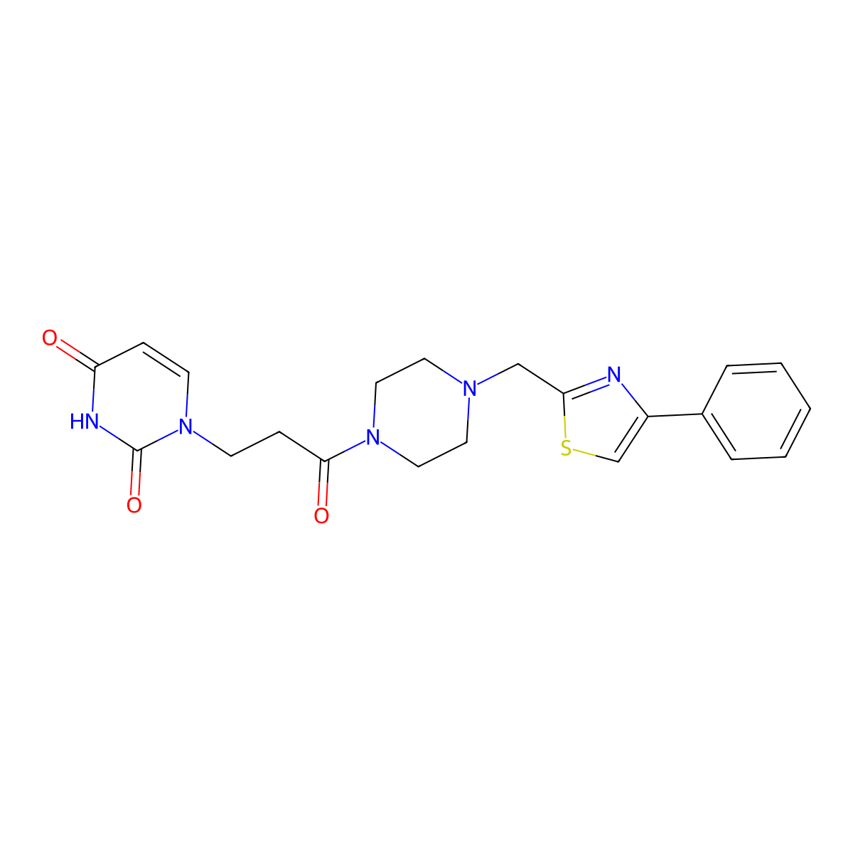 1-(3-oxo-3-(4-((4-phenylthiazol-2-yl)methyl)piperazin-1-yl)propyl)pyrimidine-2,4(1H,3H)-dione molecular structure, CAS 1207029-65-9
