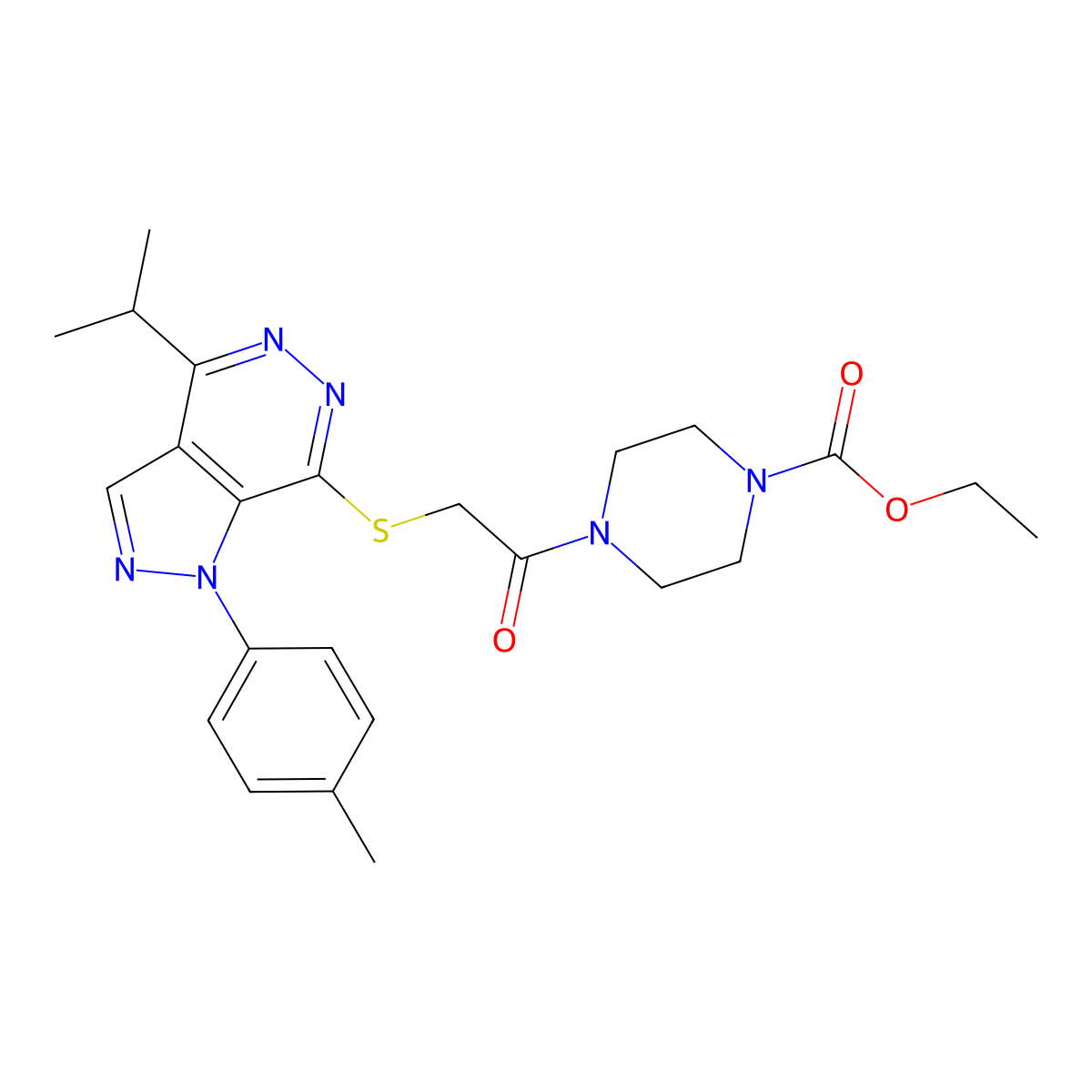 ethyl 4-(2-((4-isopropyl-1-(p-tolyl)-1H-pyrazolo[3,4-d]pyridazin-7-yl)thio)acetyl)piperazine-1-carboxylate molecular structure, CAS 1207029-69-3