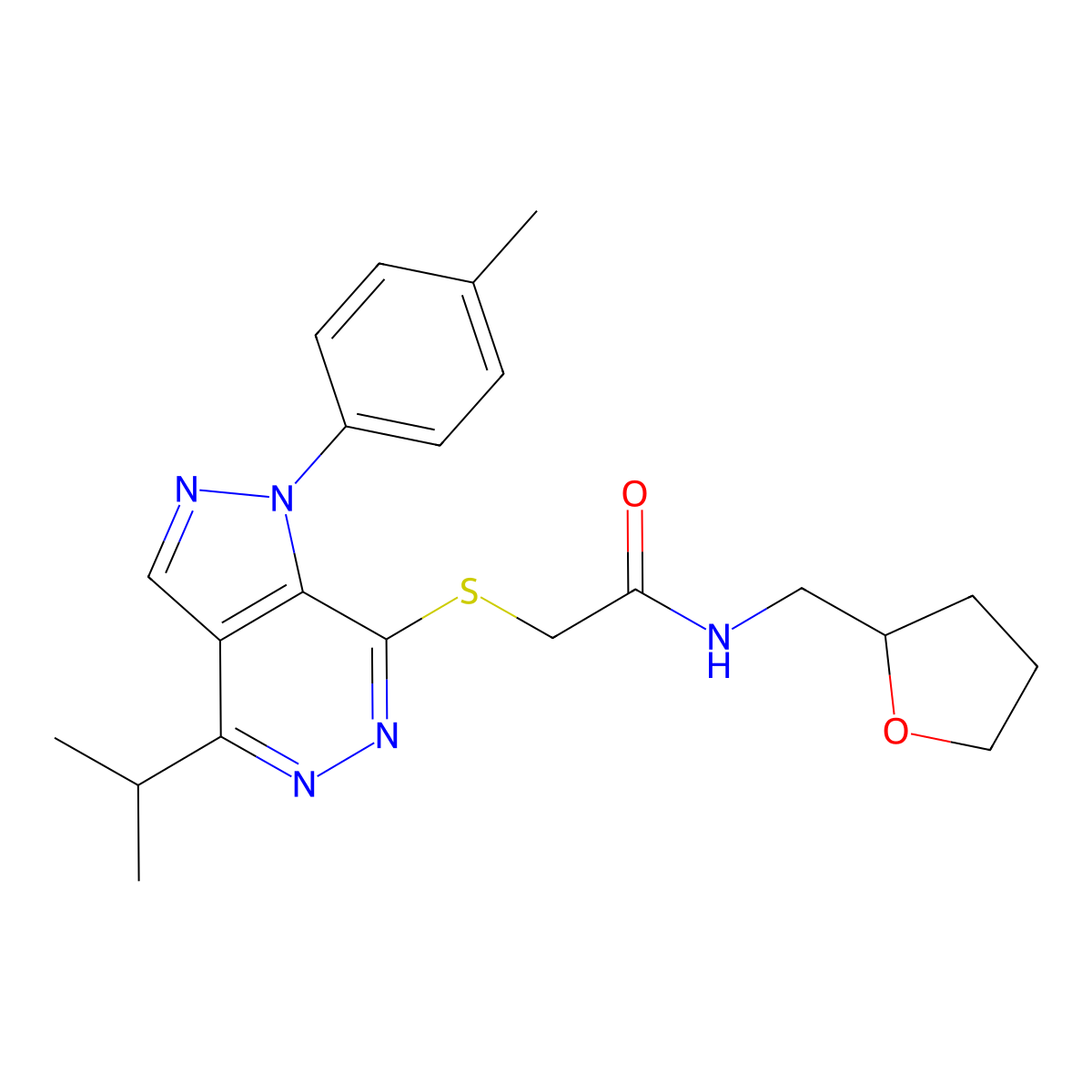 2-((4-isopropyl-1-(p-tolyl)-1H-pyrazolo[3,4-d]pyridazin-7-yl)thio)-N-((tetrahydrofuran-2-yl)methyl)acetamide molecular structure, CAS 1207029-70-6