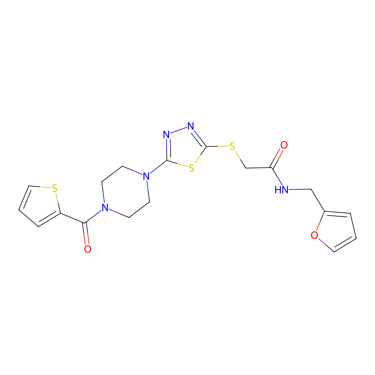 N-(furan-2-ylmethyl)-2-((5-(4-(thiophene-2-carbonyl)piperazin-1-yl)-1,3,4-thiadiazol-2-yl)thio)acetamide molecular structure, CAS 1207029-73-9