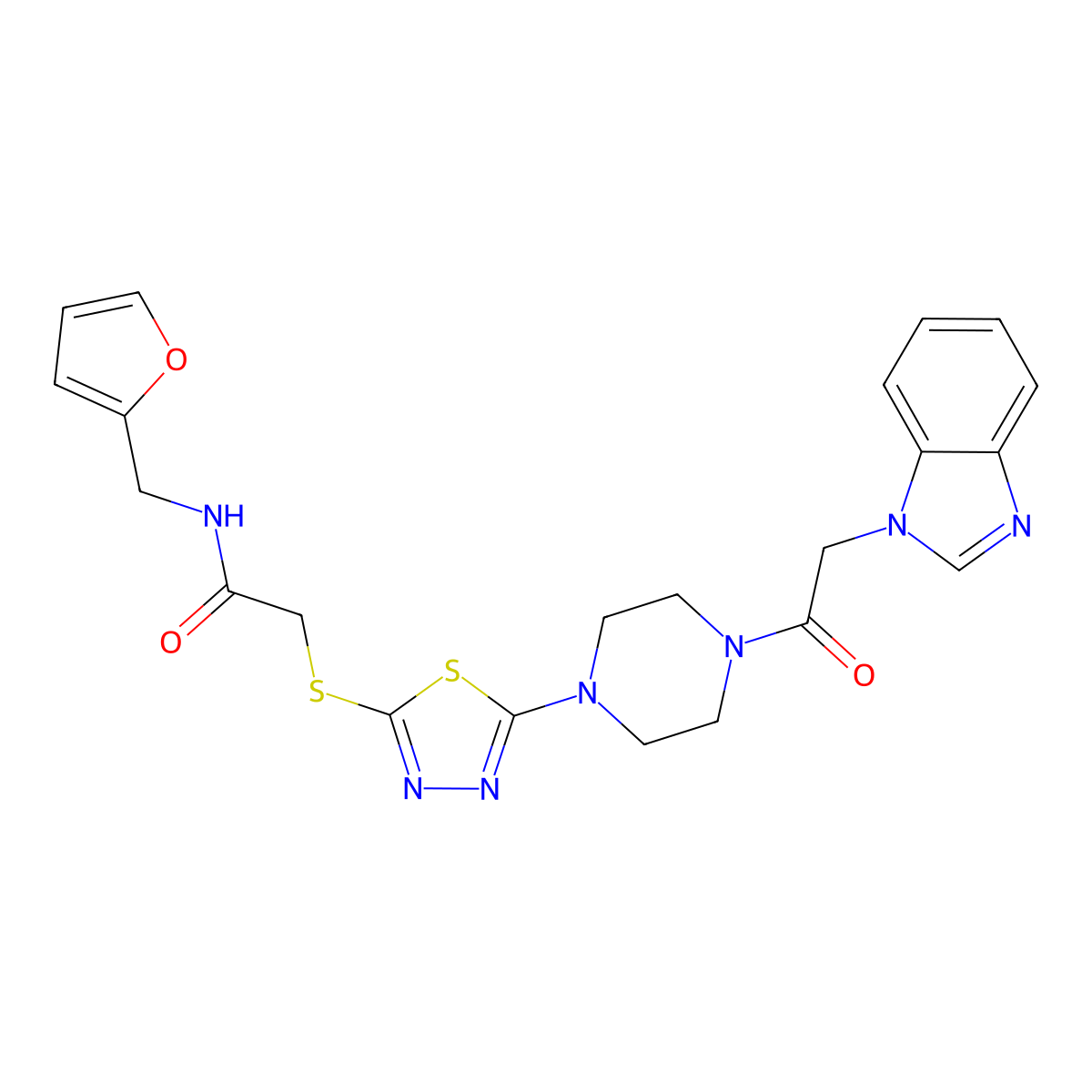 2-((5-(4-(2-(1H-benzo[d]imidazol-1-yl)acetyl)piperazin-1-yl)-1,3,4-thiadiazol-2-yl)thio)-N-(furan-2-ylmethyl)acetamide molecular structure, CAS 1207029-74-0