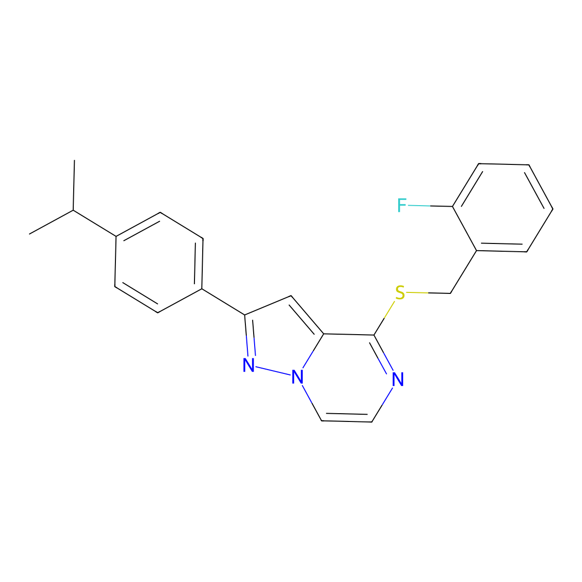 4-[(2-Fluorobenzyl)thio]-2-(4-isopropylphenyl)pyrazolo[1,5-a]pyrazine molecular structure, CAS 1207029-84-2