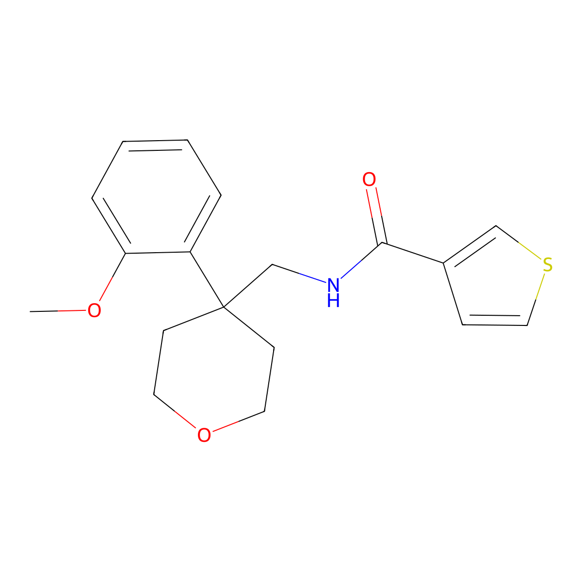 N-((4-(2-methoxyphenyl)tetrahydro-2H-pyran-4-yl)methyl)thiophene-3-carboxamide molecular structure, CAS 1207030-21-4