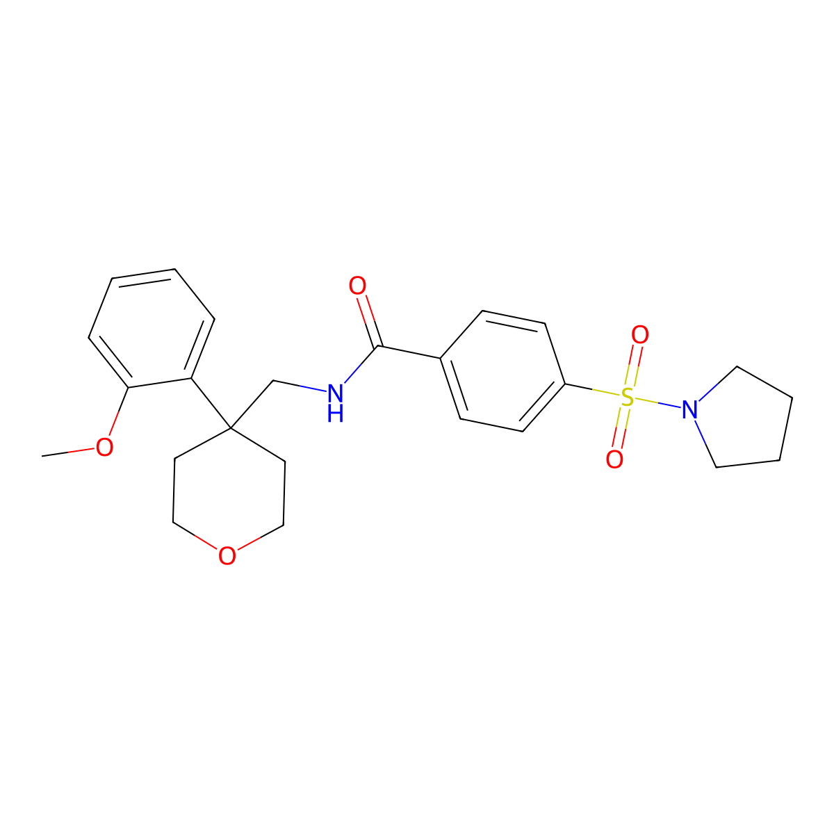 N-((4-(2-methoxyphenyl)tetrahydro-2H-pyran-4-yl)methyl)-4-(pyrrolidin-1-ylsulfonyl)benzamide molecular structure, CAS 1207030-23-6