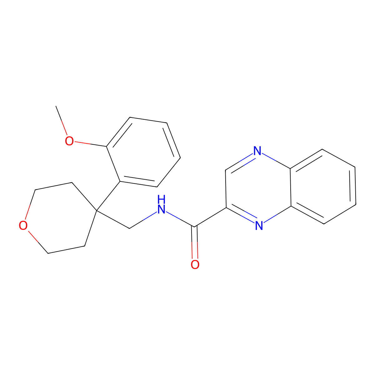 N-((4-(2-methoxyphenyl)tetrahydro-2H-pyran-4-yl)methyl)quinoxaline-2-carboxamide molecular structure, CAS 1207030-24-7
