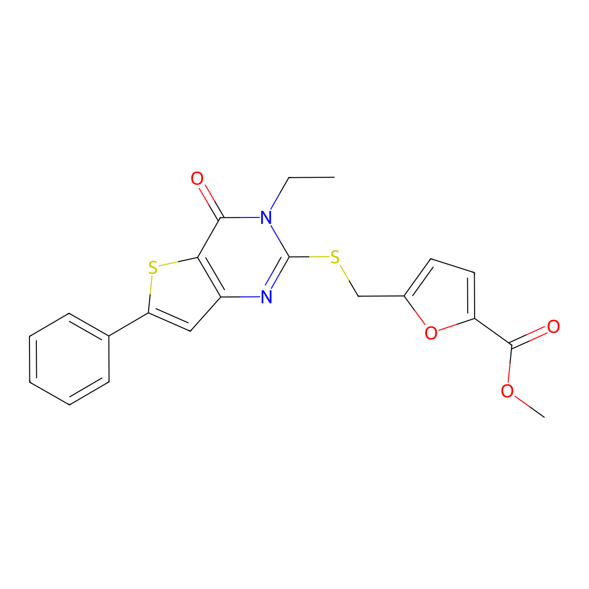 methyl 5-[({3-ethyl-4-oxo-6-phenyl-3H,4H-thieno[3,2-d]pyrimidin-2-yl}sulfanyl)methyl]furan-2-carboxylate molecular structure, CAS 1207030-31-6