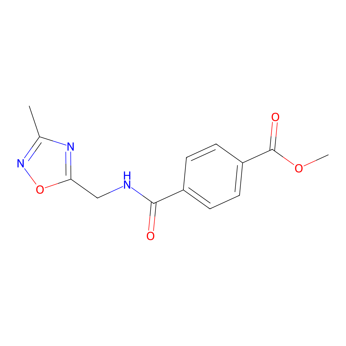 Methyl 4-(((3-methyl-1,2,4-oxadiazol-5-yl)methyl)carbamoyl)benzoate molecular structure, CAS 1207030-33-8