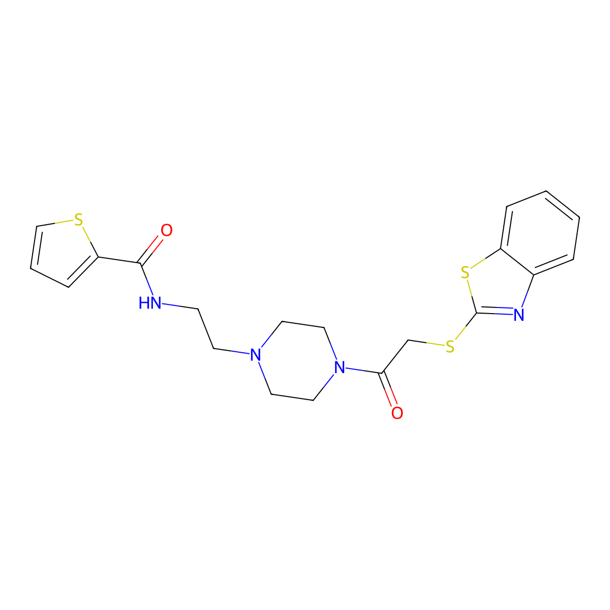 N-(2-(4-(2-(benzo[d]thiazol-2-ylthio)acetyl)piperazin-1-yl)ethyl)thiophene-2-carboxamide molecular structure, CAS 1207030-37-2