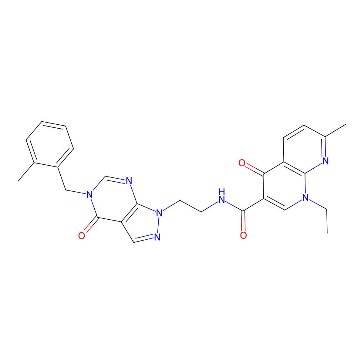 1-ethyl-7-methyl-N-(2-(5-(2-methylbenzyl)-4-oxo-4,5-dihydro-1H-pyrazolo[3,4-d]pyrimidin-1-yl)ethyl)-4-oxo-1,4-dihydro-1,8-naphthyridine-3-carboxamide molecular structure, CAS 1207030-51-0