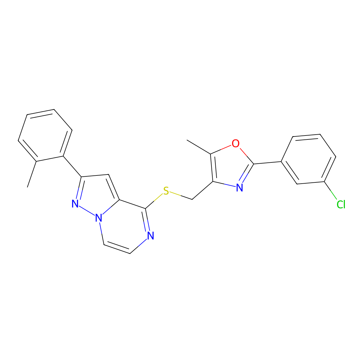 4-({[2-(3-Chlorophenyl)-5-methyl-1,3-oxazol-4-yl]methyl}thio)-2-(2-methylphenyl)pyrazolo[1,5-a]pyrazine molecular structure, CAS 1207030-57-6