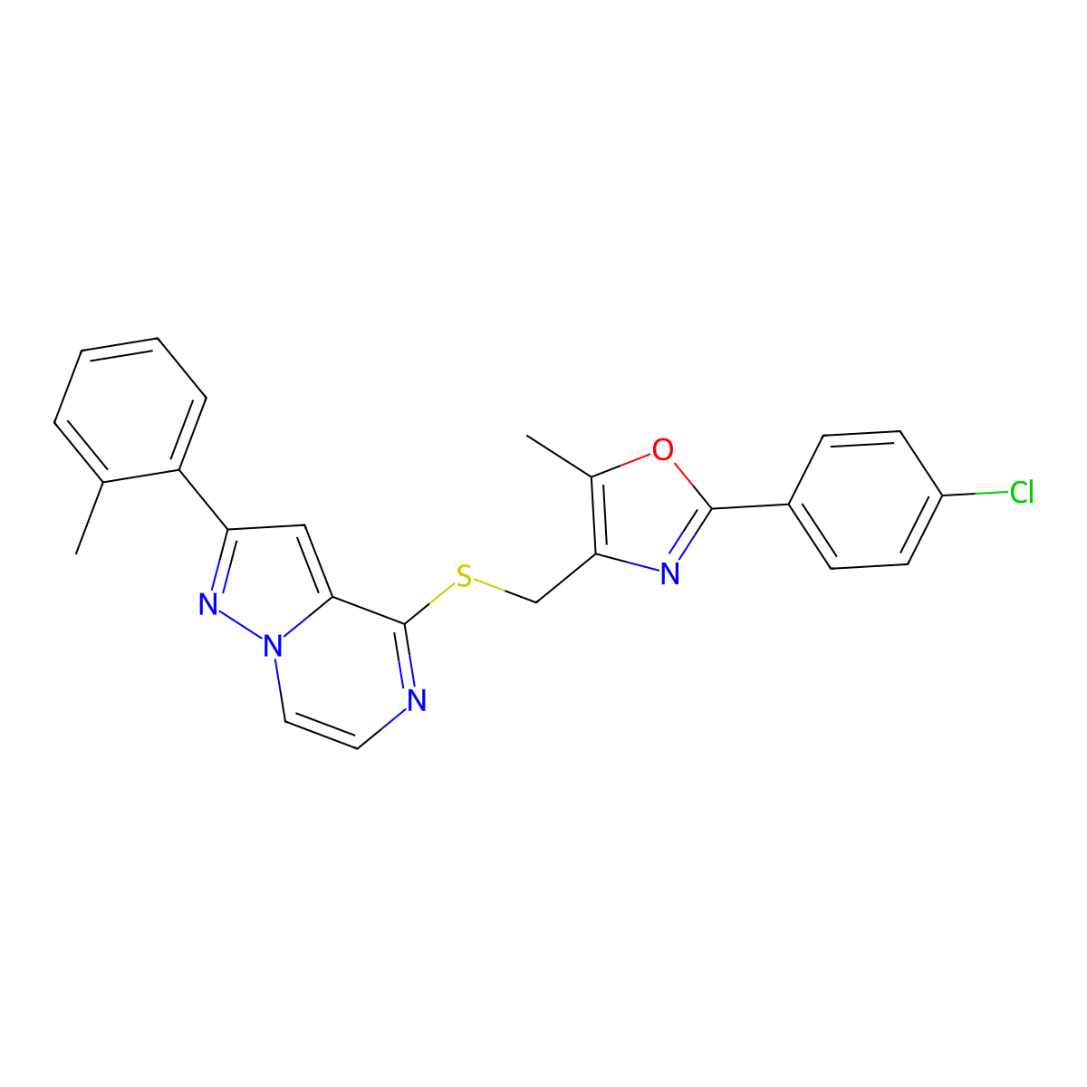 4-({[2-(4-Chlorophenyl)-5-methyl-1,3-oxazol-4-yl]methyl}thio)-2-(2-methylphenyl)pyrazolo[1,5-a]pyrazine molecular structure, CAS 1207030-59-8