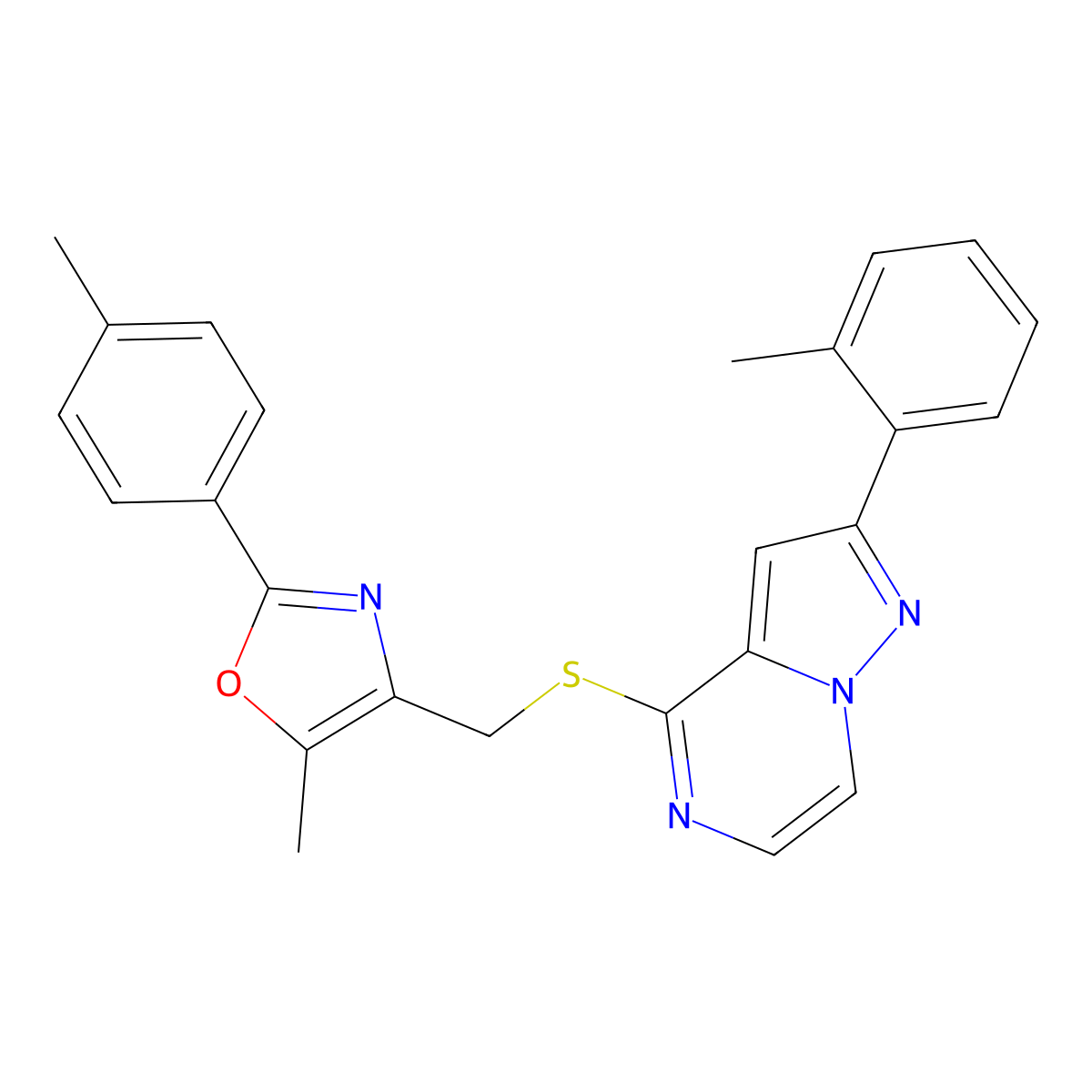 5-Methyl-2-(4-methylphenyl)-4-({[2-(2-methylphenyl)pyrazolo[1,5-A]pyrazin-4-YL]sulfanyl}methyl)-1,3-oxazole molecular structure, CAS 1207030-60-1